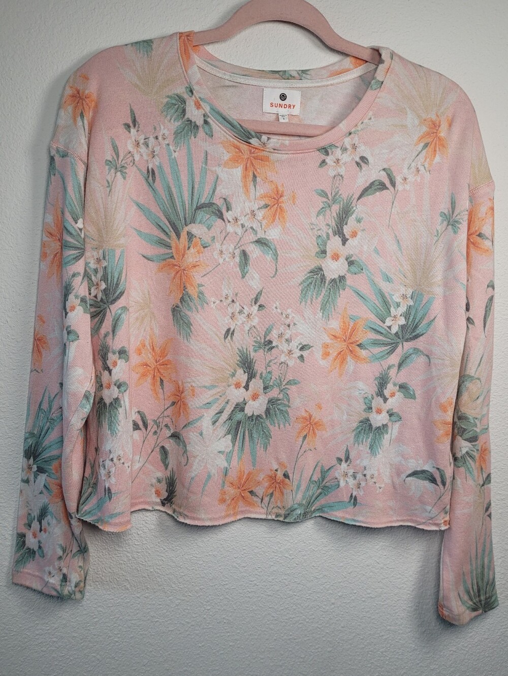 Sundry Tropical Floral Thermal Waffle Knit Cropped Pullover Top Sz 1 (S) Beachy